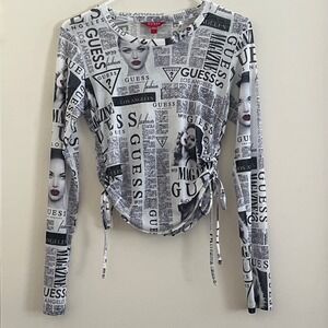 Guess Women Y2K Newspaper Micro Mesh Cropped Top Large Sheer Ruched Model Grunge